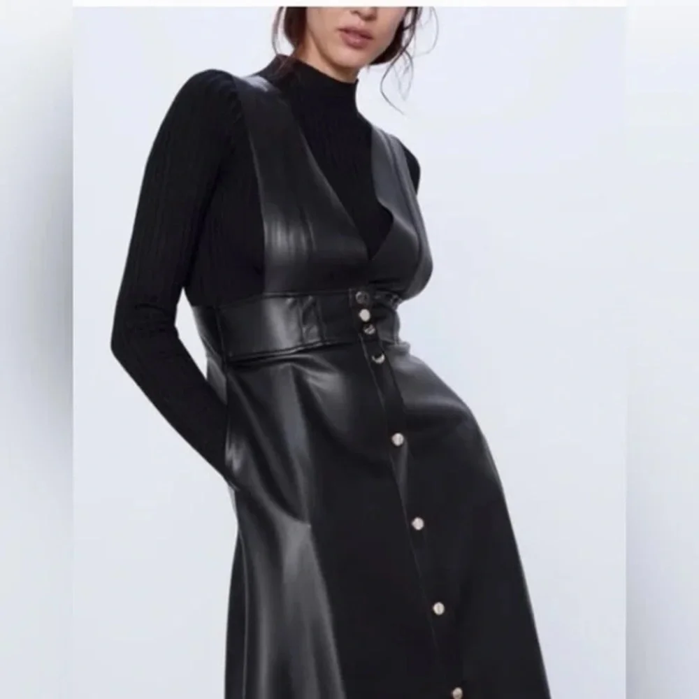 Zara Faux Vegan Pinafore Midi Dress. Size S - Picture 2 of 7